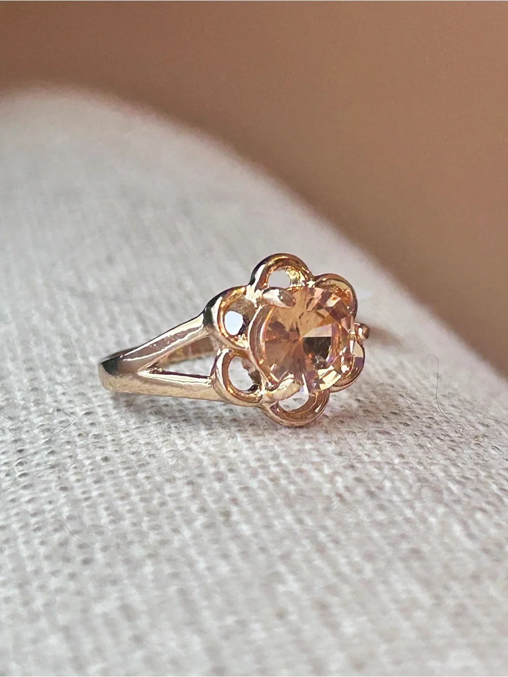 Gold Floral Peach CZ Ring - size 7